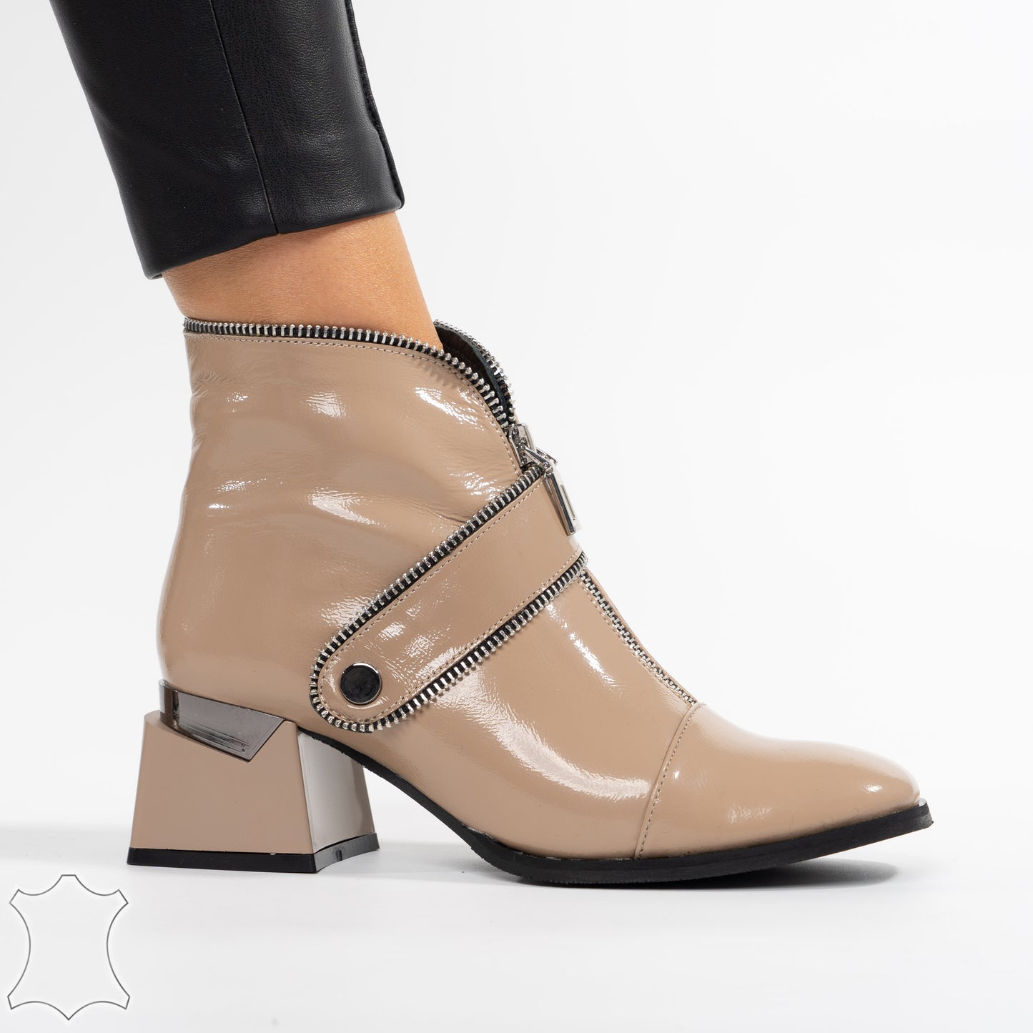 Botine Din Piele Naturală Cu Toc Pătrat Și Fermoar Zippy - Beige