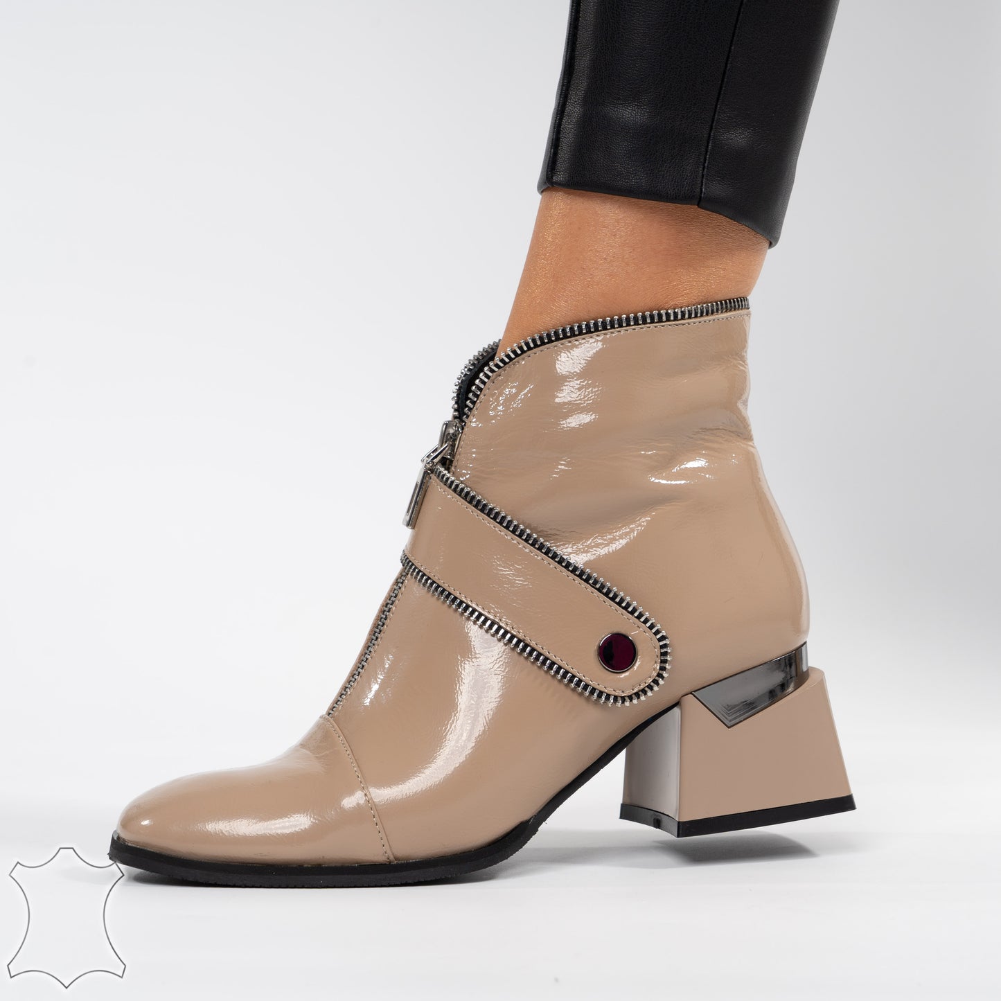 Botine Din Piele Naturală Cu Toc Pătrat Și Fermoar Zippy - Beige