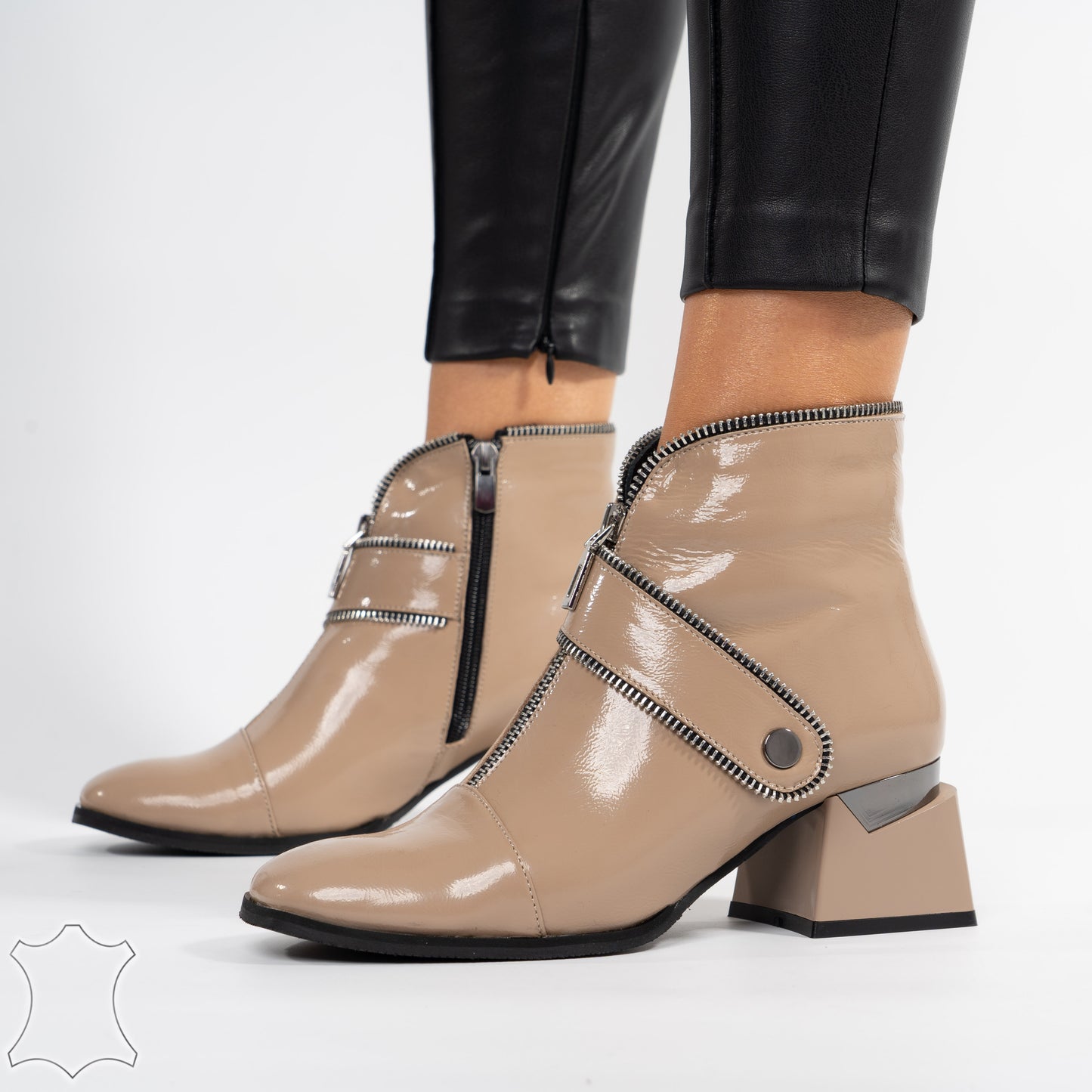 Botine Din Piele Naturală Cu Toc Pătrat Și Fermoar Zippy - Beige