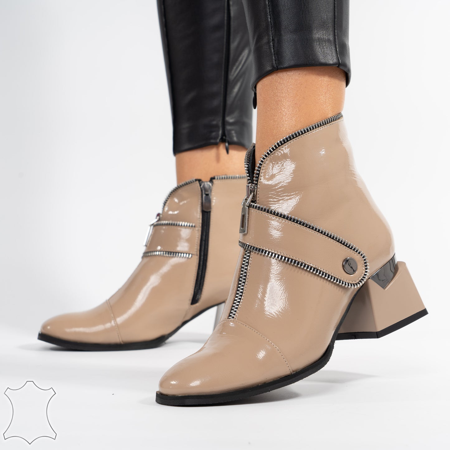 Botine Din Piele Naturală Cu Toc Pătrat Și Fermoar Zippy - Beige