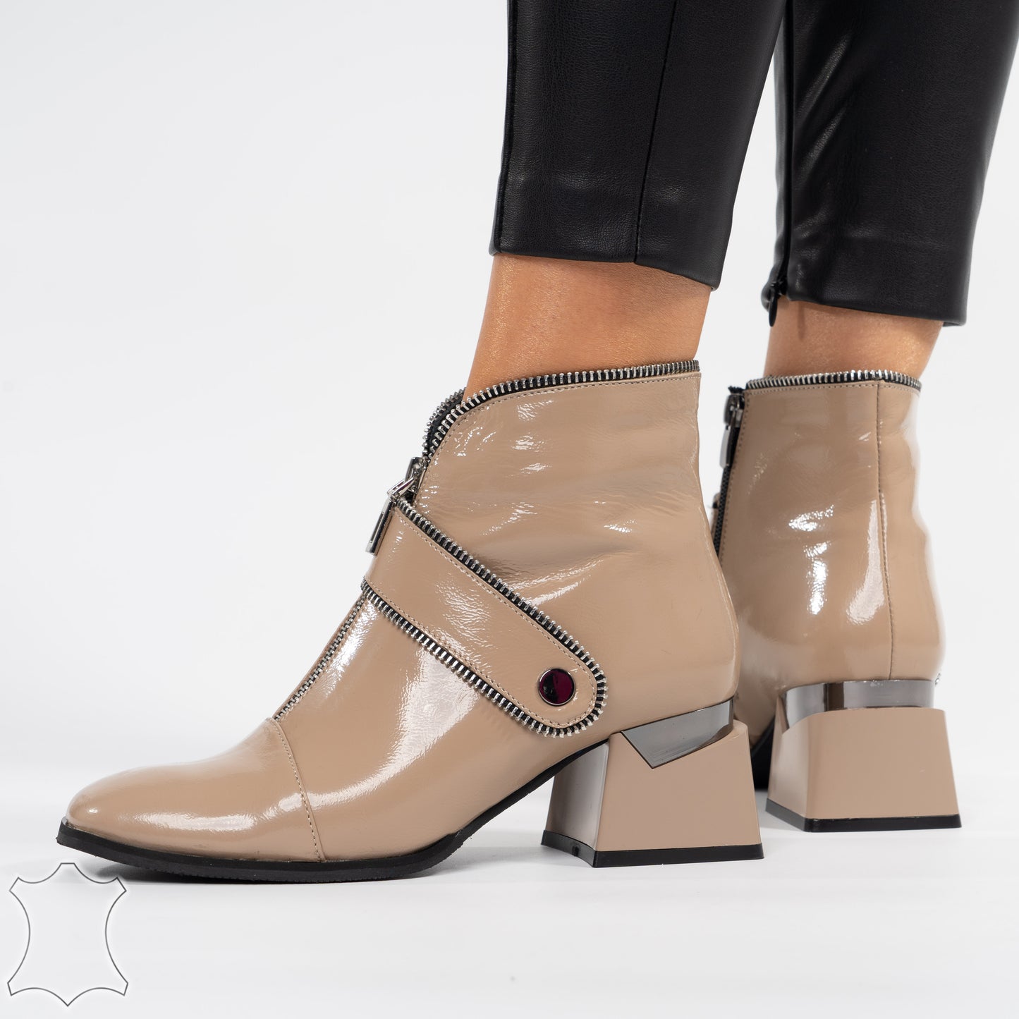 Botine Din Piele Naturală Cu Toc Pătrat Și Fermoar Zippy - Beige