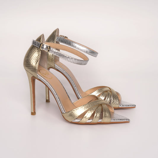 Sandale Elegante Din Piele Naturală Metalizată Auriu/Argintiu - Amelia