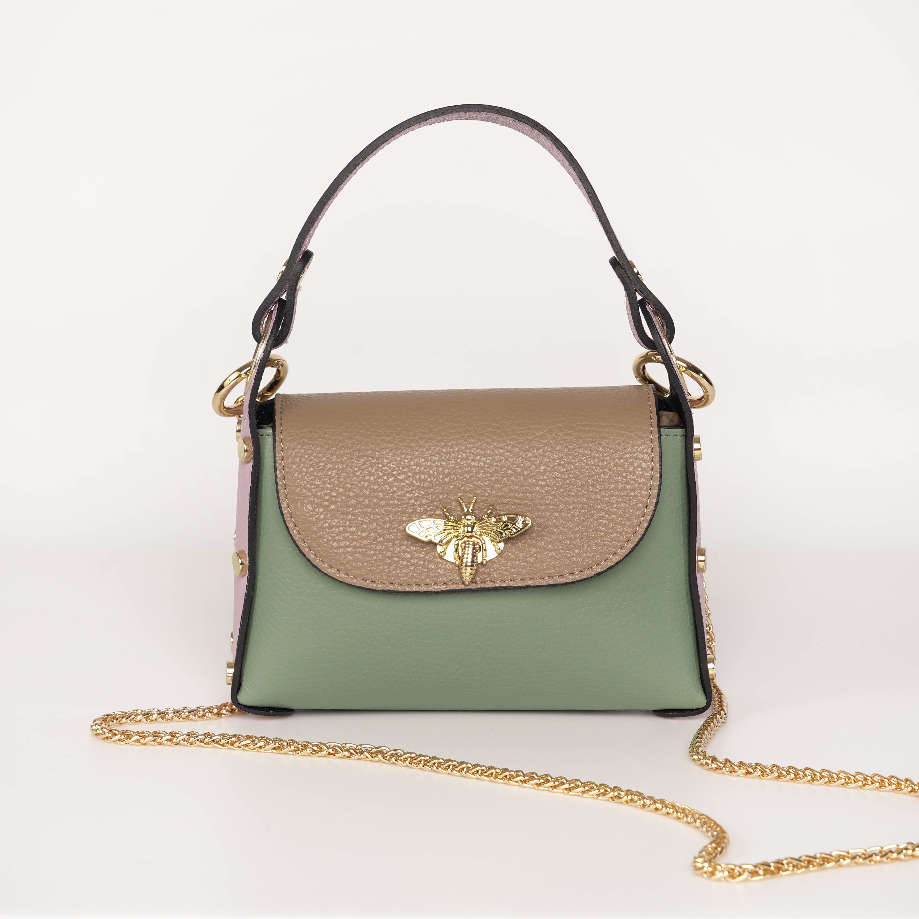 バッグ apolina Geanta cu Albina Din Piele Naturala Mini Cu Lant Bee - Bej/Verde