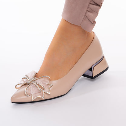 Pantofi Eleganti Cu Toc Mic Accesorizati cu Fundita - Greta Bej