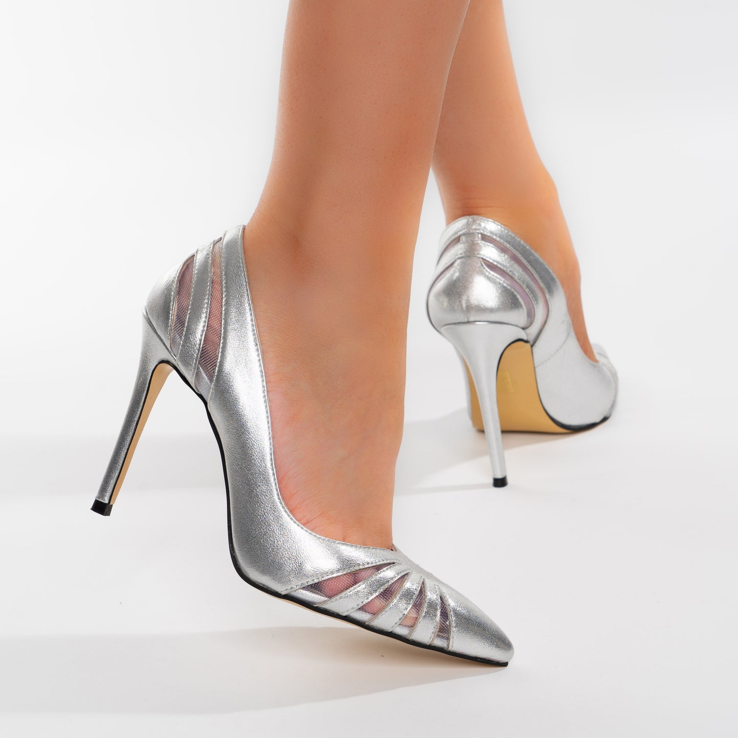 Pantofi Eleganți Stiletto Din Piele Naturală Metalizată Luna Silver