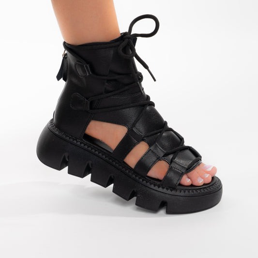 Sandale Cu Platforma Si Sireturi - Eloise Negre