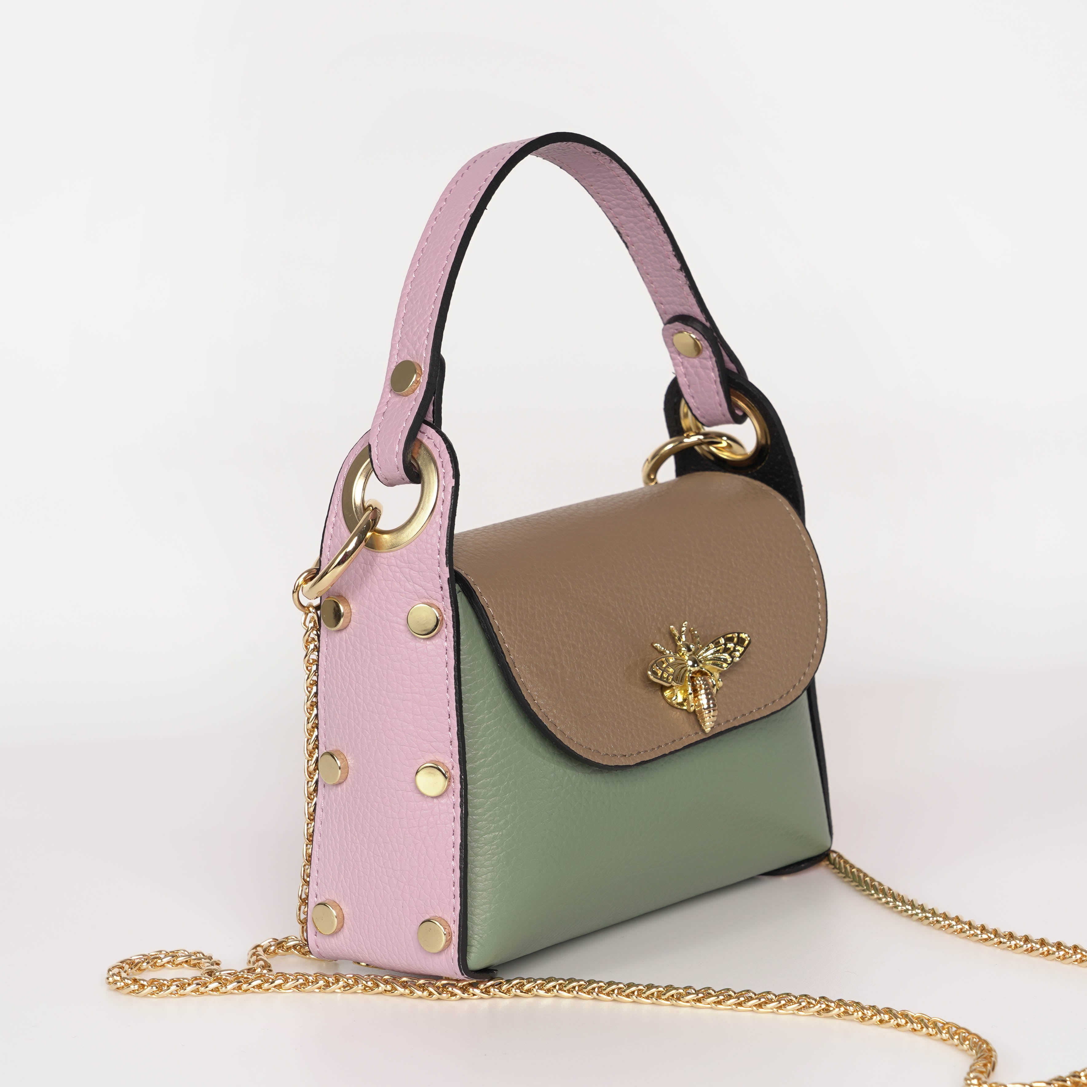 バッグ apolina Geanta cu Albina Din Piele Naturala Mini Cu Lant Bee - Bej/Verde