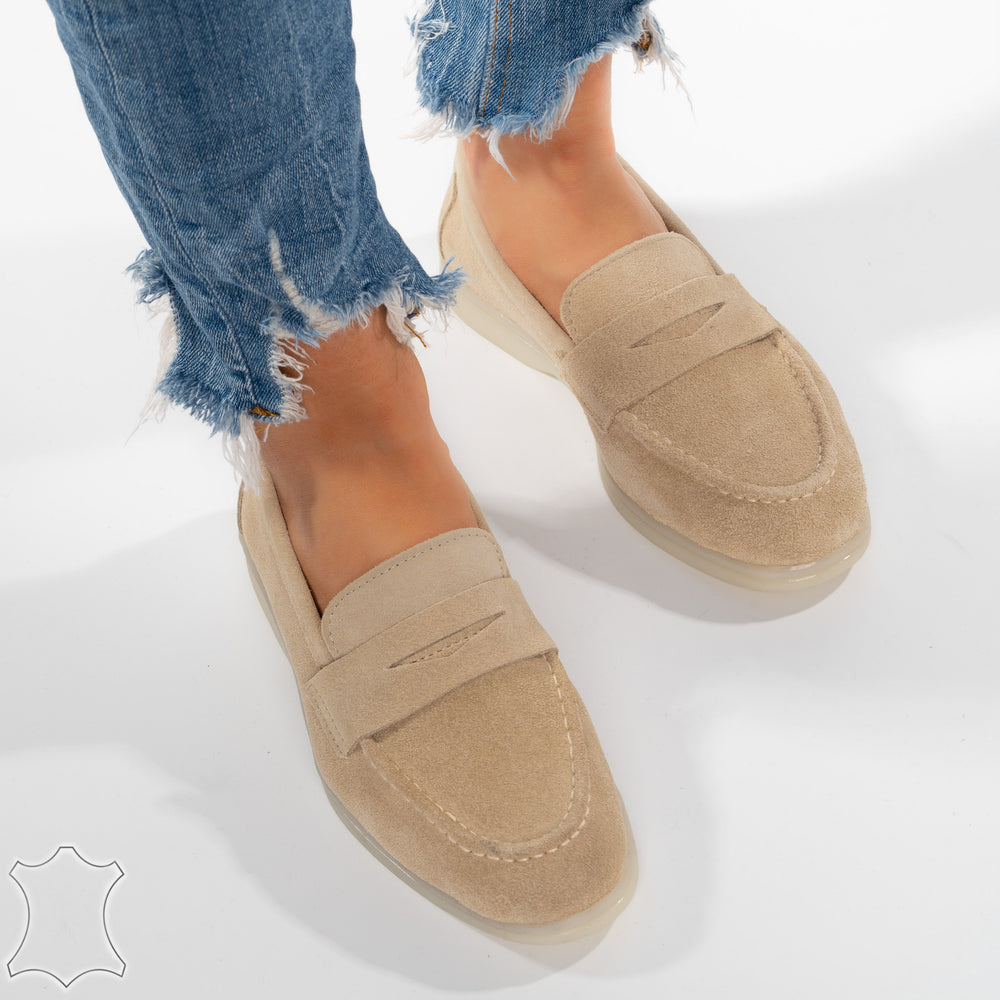 Mocasini Loafers Din Piele Intoarsă Suede - Maria Bej