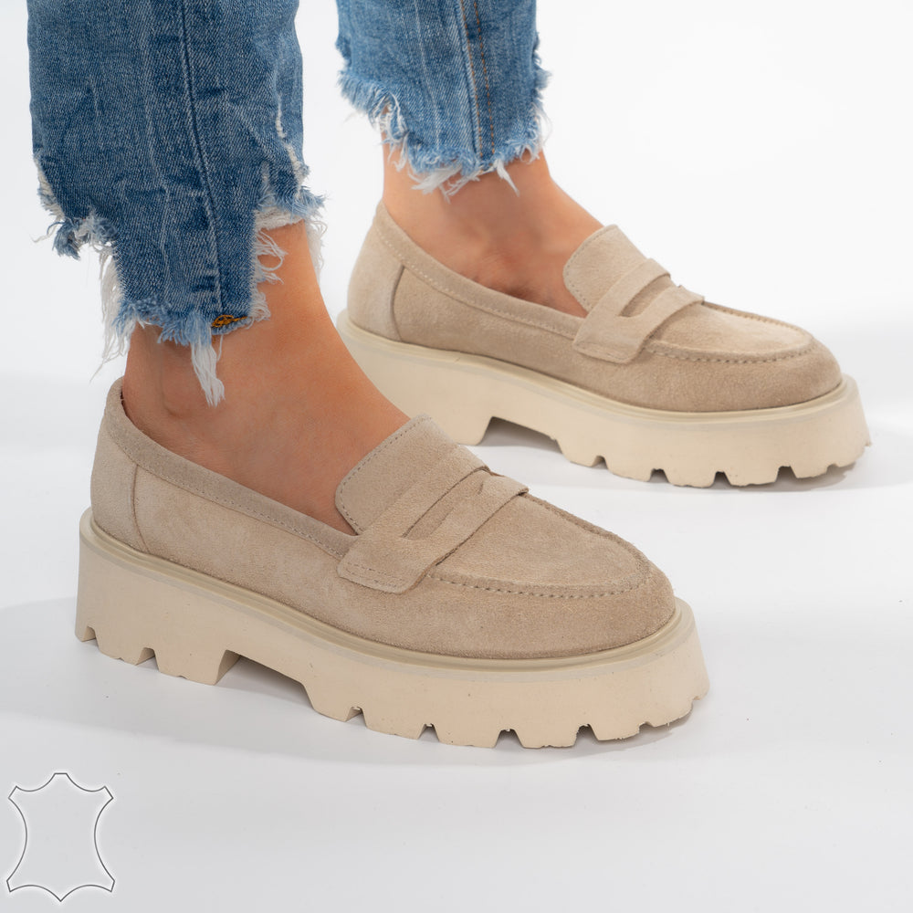 Mocasini Loafers Din Piele Intoarsă Suede - Bej Lara